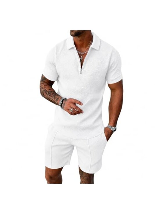 Other - Men's 2-Piece Quarter-Zip Polo and Shorts Set, Polyester Summer Outfit